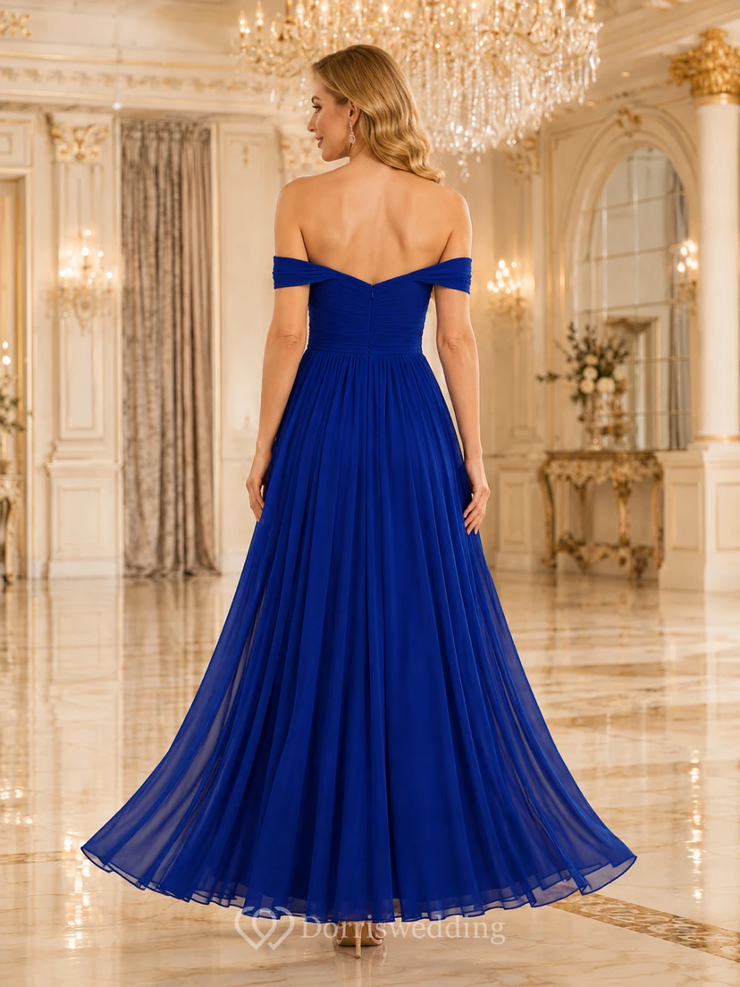 Royal Blue Off Shoulder Pleated Chiffon Gala Gown view 2