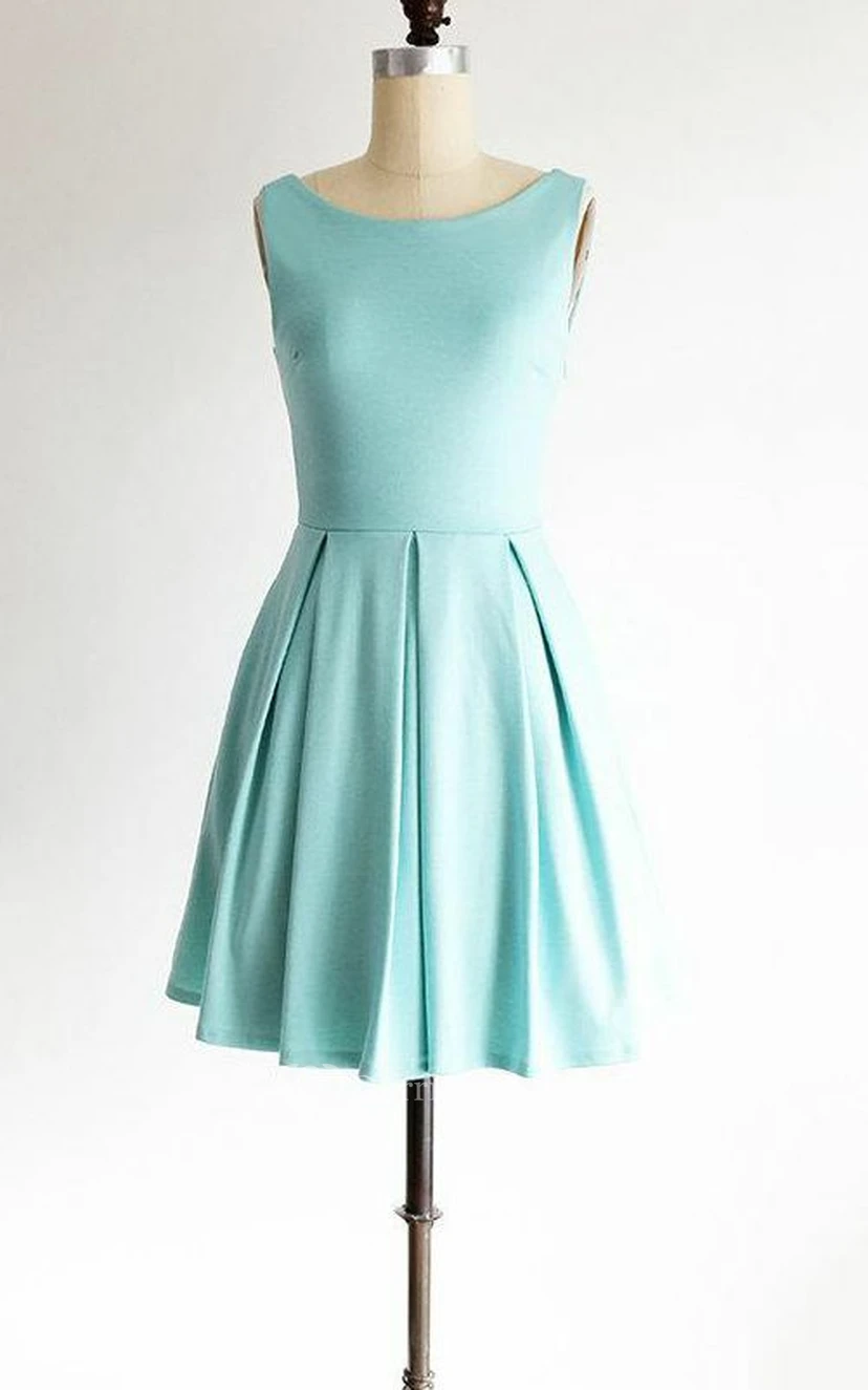 Kurzes Brautjungfernkleid in Mintgrün, A-Linien-Cocktailkleid mit U-Boot-Ausschnitt und Faltenrock view 3