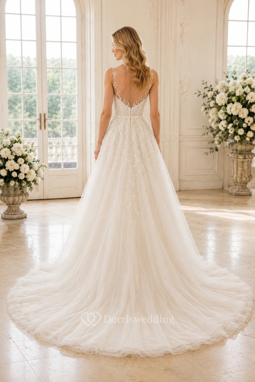 A-Linien-Brautkleid mit Spaghettiträgern, Applikationen und Tüllschleppe view 2