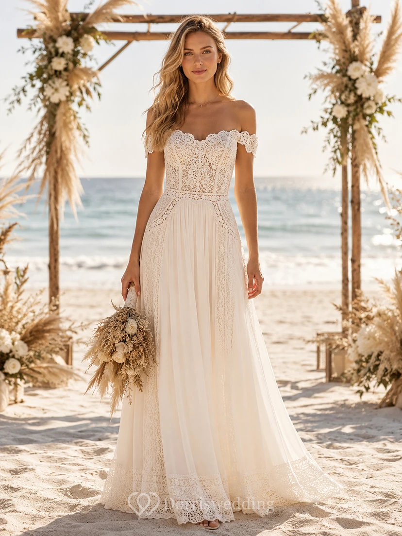 Schulterfreies Boho-Strandhochzeitskleid aus Häkelspitze