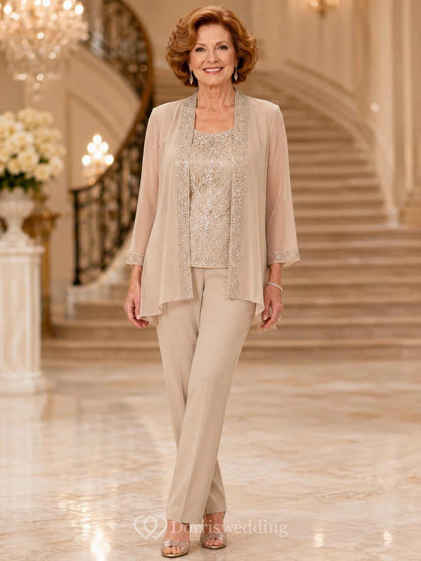 Champagnerfarbener, schlichter Dreiviertel-Chiffon-Anzug mit Perlenbesatz und taillierter Passform – das perfekte Outfit für die Großmutter der Braut