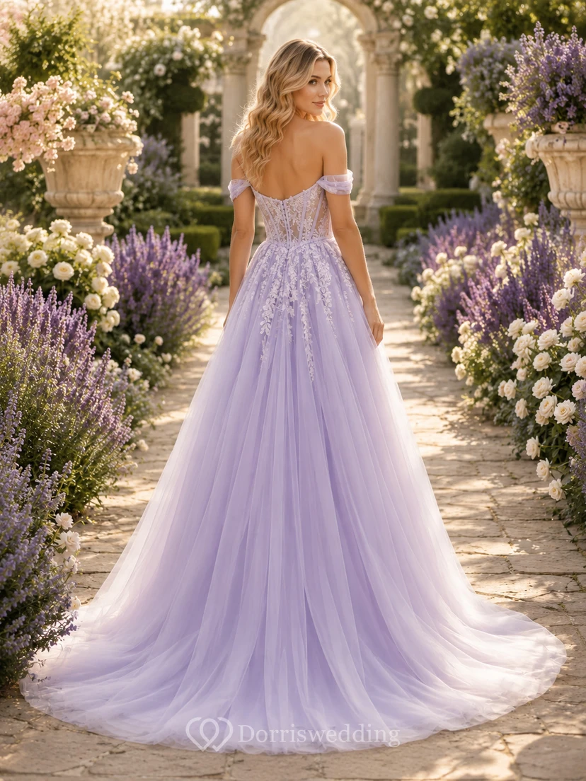 Lavendelfarbenes schulterfreies Ballkleid aus floralem Tüll für Hochzeiten view 2