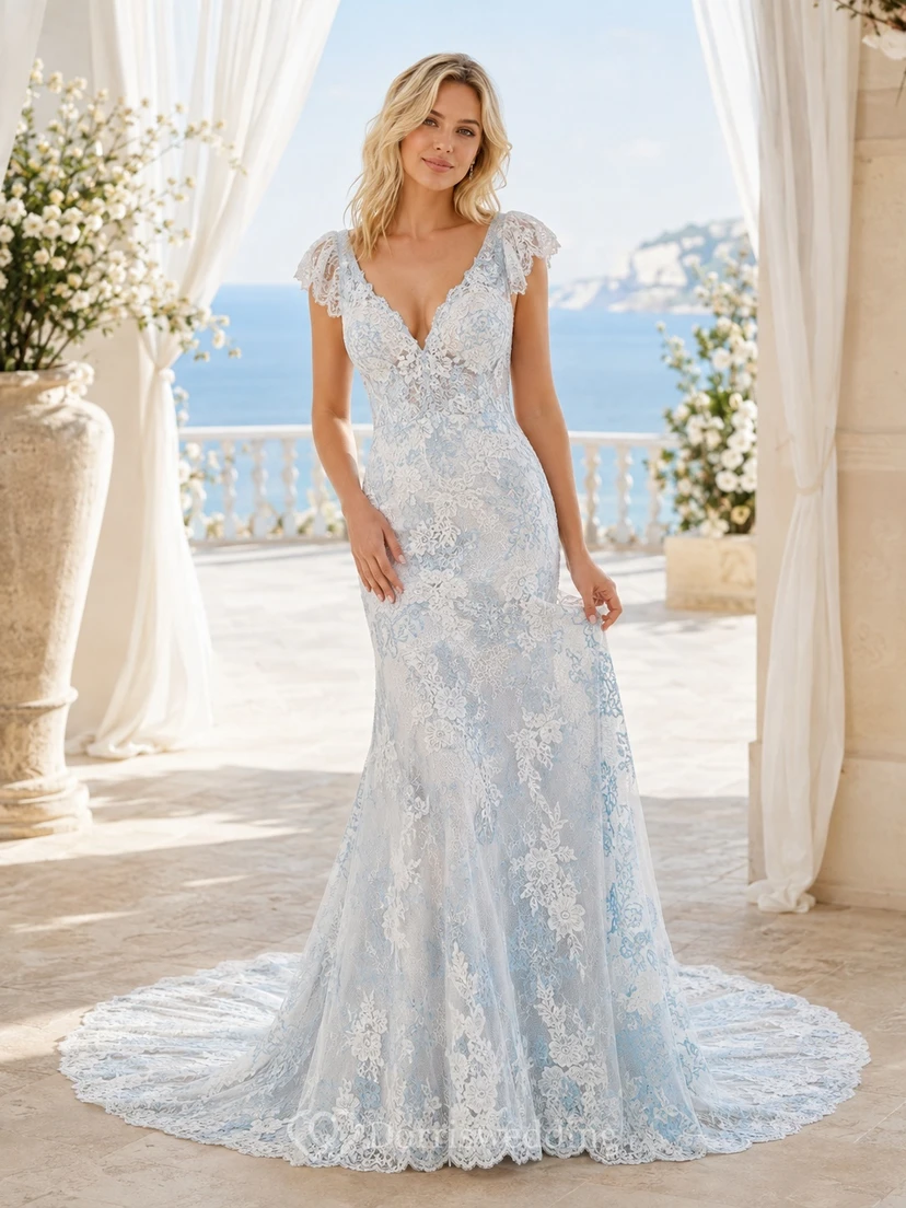 Robe de mariée romantique bleu ciel cintrée, fourreau, col en V, manches courtes en dentelle
