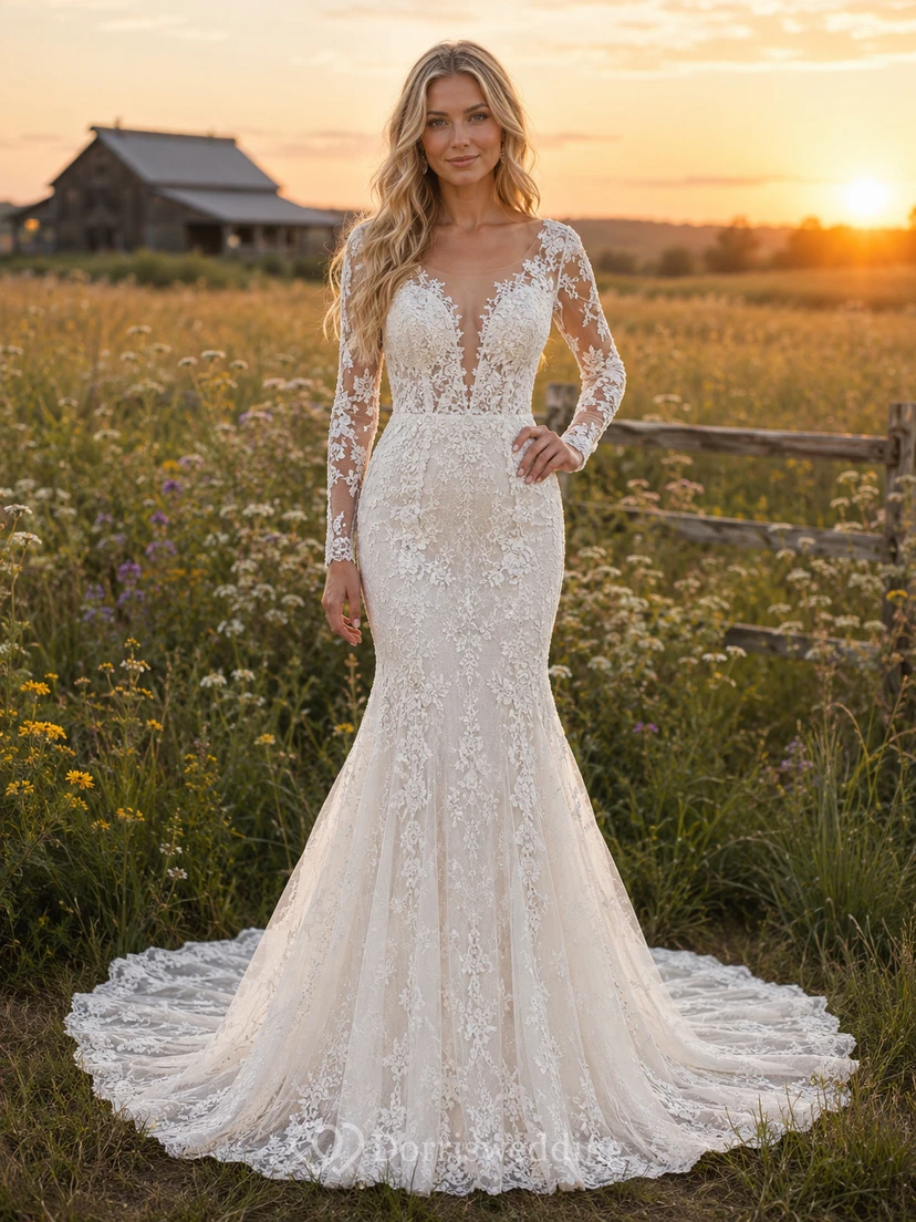Vestido de novia de encaje campestre, estilo sirena, con escote en V, manga larga y cola de capilla.