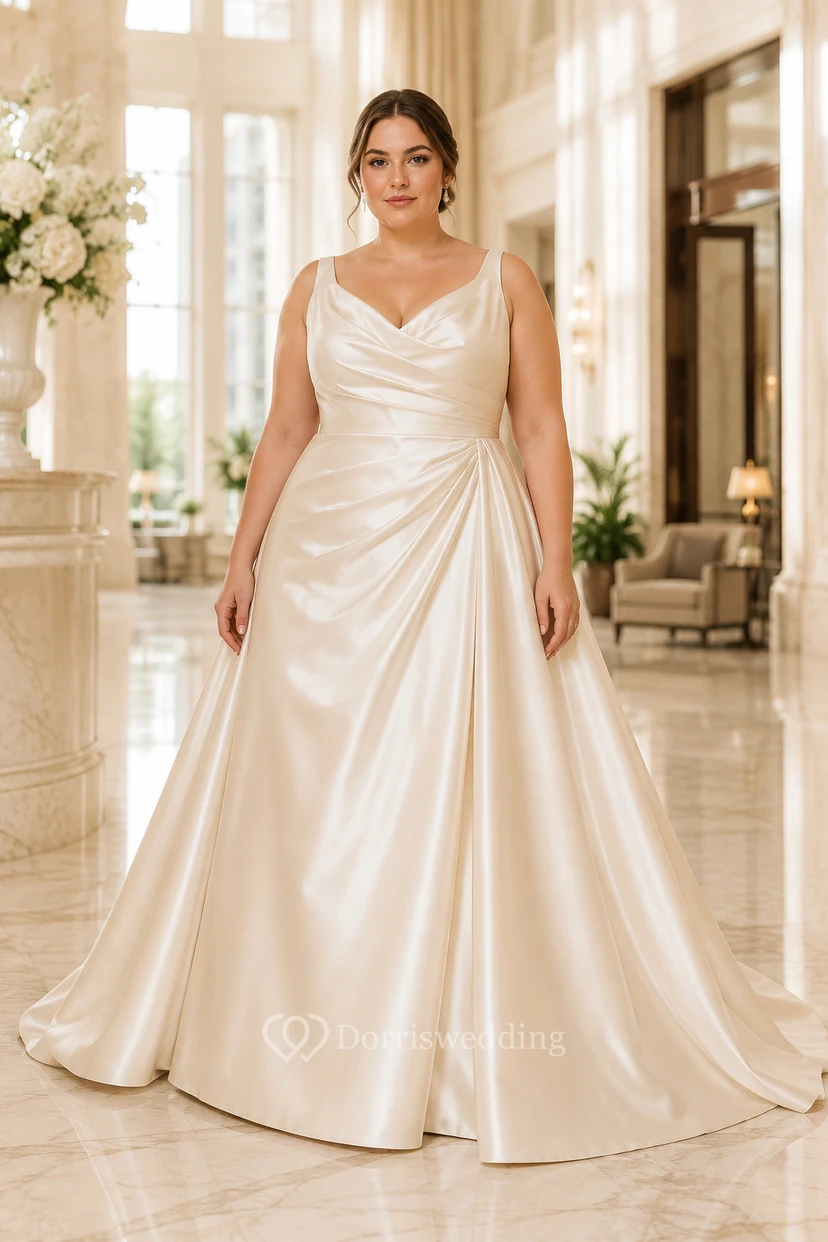 Robe de mariée grande taille en satin, col V, coupe trapèze