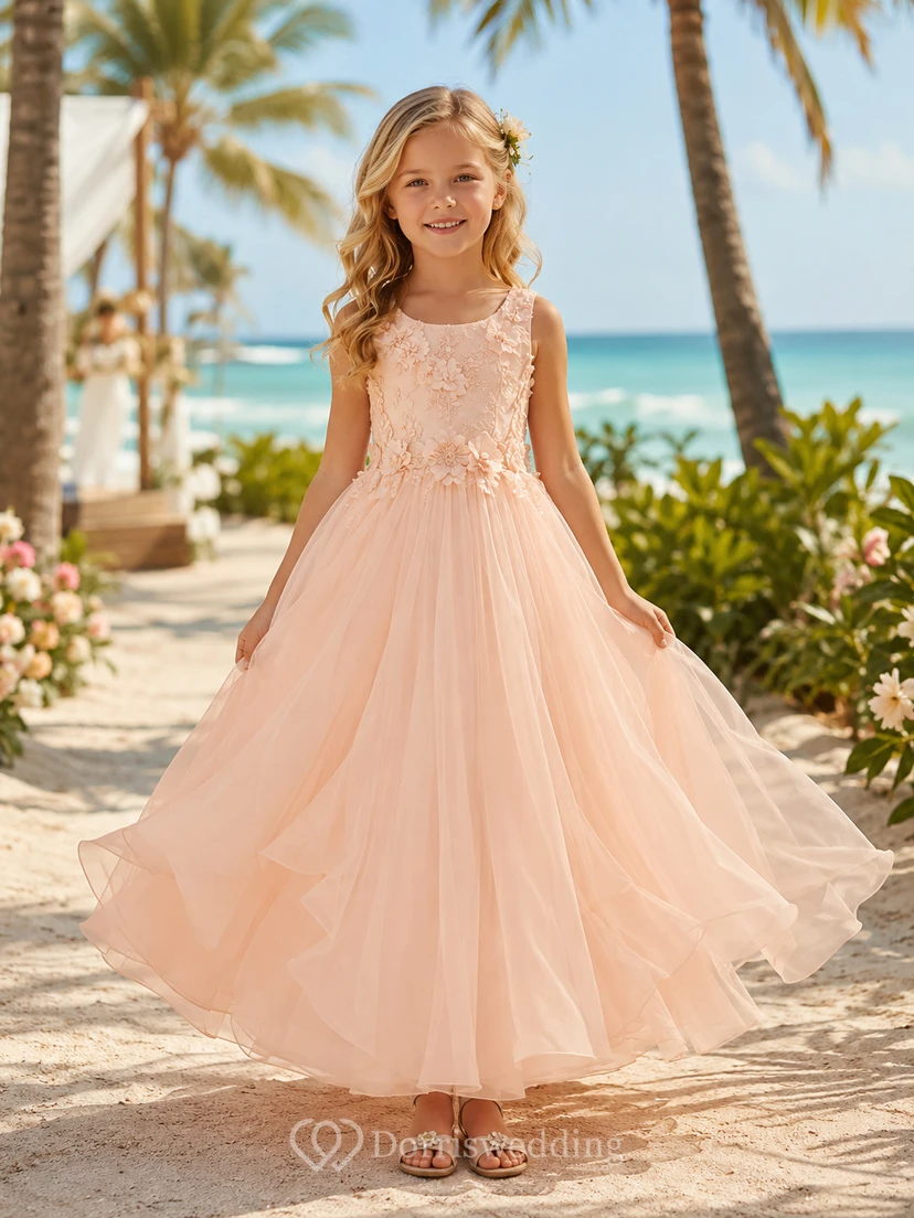 Blumenmädchenkleid aus rosafarbenem Chiffon und Tüll, A-Linie, Rundhalsausschnitt, Teelänge, mit Schärpendetails