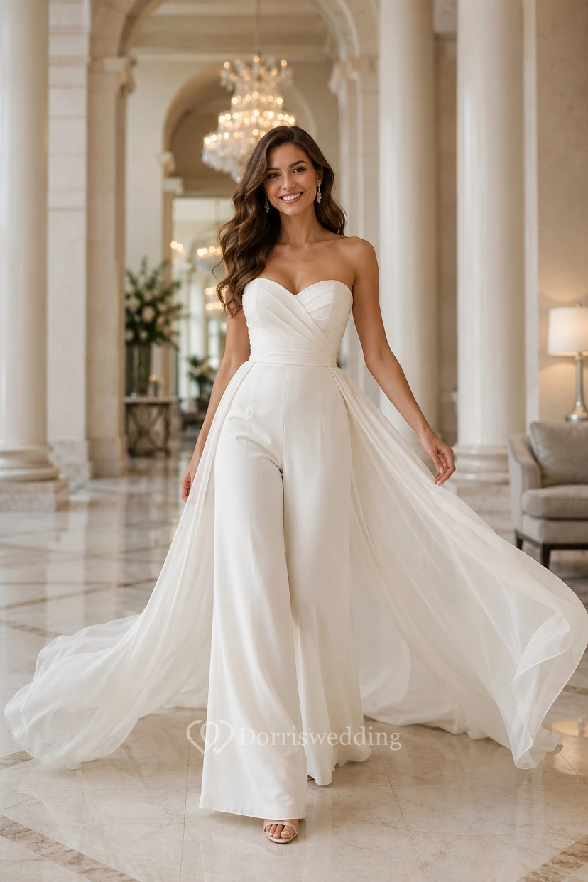 Combinaison de mariée blanche sans bretelles avec traîne en tulle