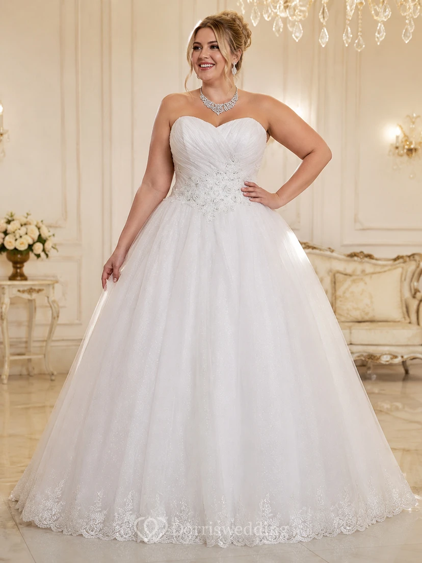 Vestido largo de gala con corte en A, escote palabra de honor, escote corazón, sin mangas, con pedrería, corsé, tul, encaje y satén. view 4