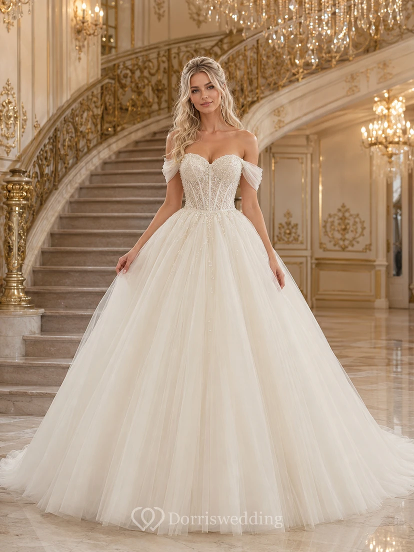 Vestido de novia de baile de salón con escote Bardot y falda de tul completa