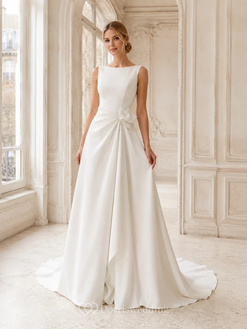 Robe de bal classique en satin, col bateau, sans manches, traîne cathédrale, drapée, style villa