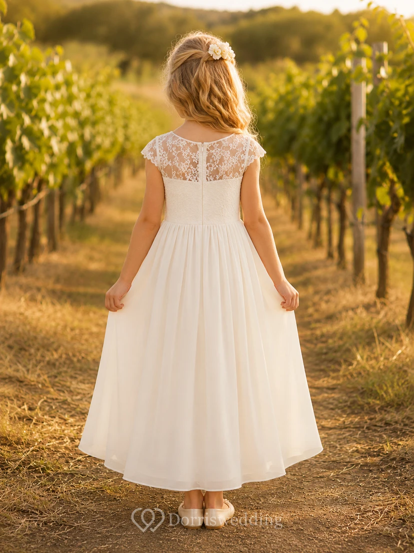 Blumenmädchenkleid aus elfenbeinfarbenem Tüll, A-Linie, Rundhalsausschnitt, Teelänge, mit Schärpendetails view 2