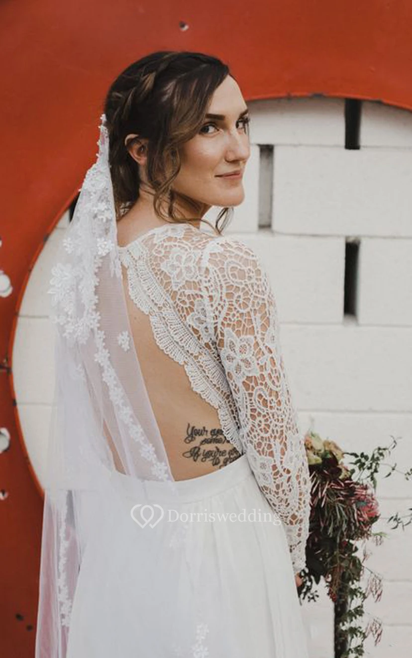 Lässiges Boho-Hochzeitskleid im Etui-Stil mit V-Ausschnitt, transparenten, voluminösen Ärmeln und offenem Rücken view 2