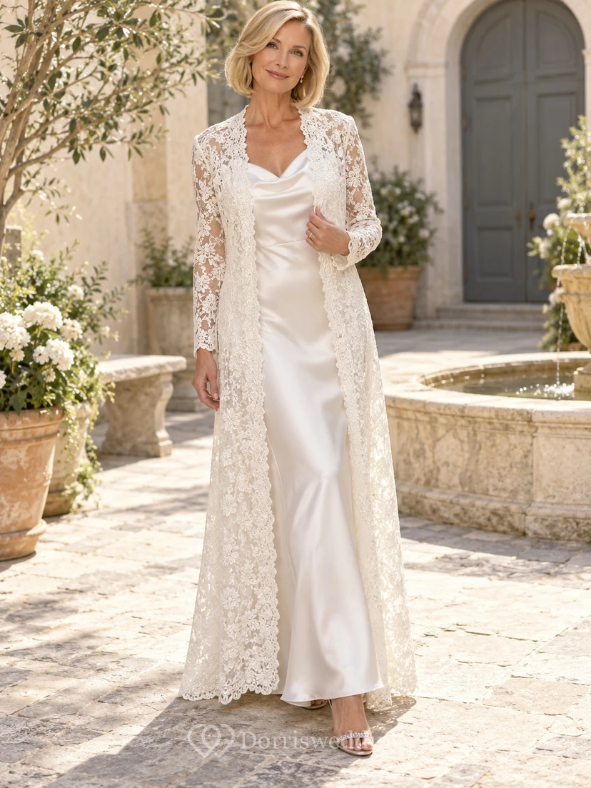 Vestido elegante de satén con cuello drapeado y mangas largas, estilo tubo, para segunda boda.