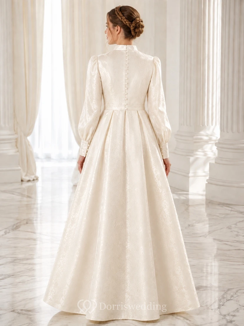 High Neck Long Sleeve Pleated Floor-length A-line Satin Modest Romantic Wedding Dress view 2