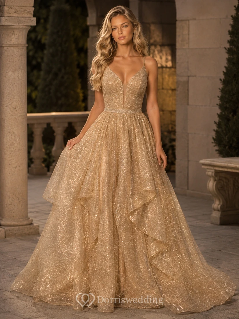 Goldenes Abendkleid, goldener Ballkleid, V-Ausschnitt, Tüll, ärmellos, bodenlang, Luxuskleid