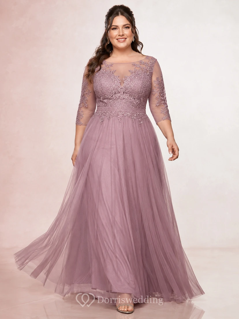 Robe trapèze grande taille en tulle mauve à manches longues