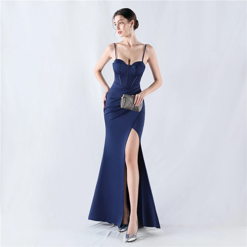 Fishbone Waist Strap Satin Host Meeting Evening Dress view 59