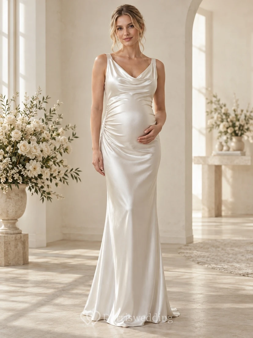 Robe de mariée de maternité simple à col bénitier en satin sans manches, cintrée et longue au sol
