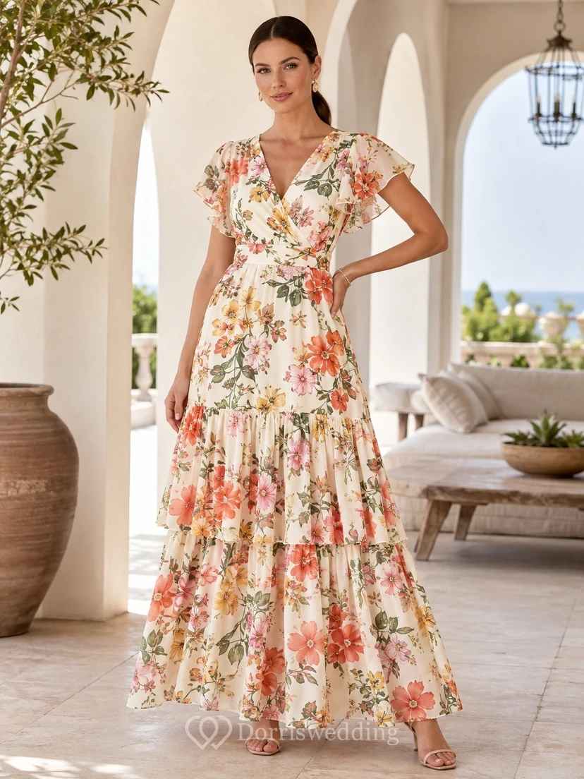 Vestido largo cruzado de gasa color crema con escote en V y mangas con volantes.