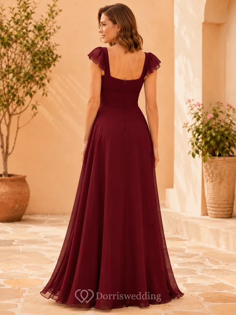 Romantic Burgundy Square Neck Flutter Sleeve Chiffon A-Line Floor-Length Formal Gown view 2