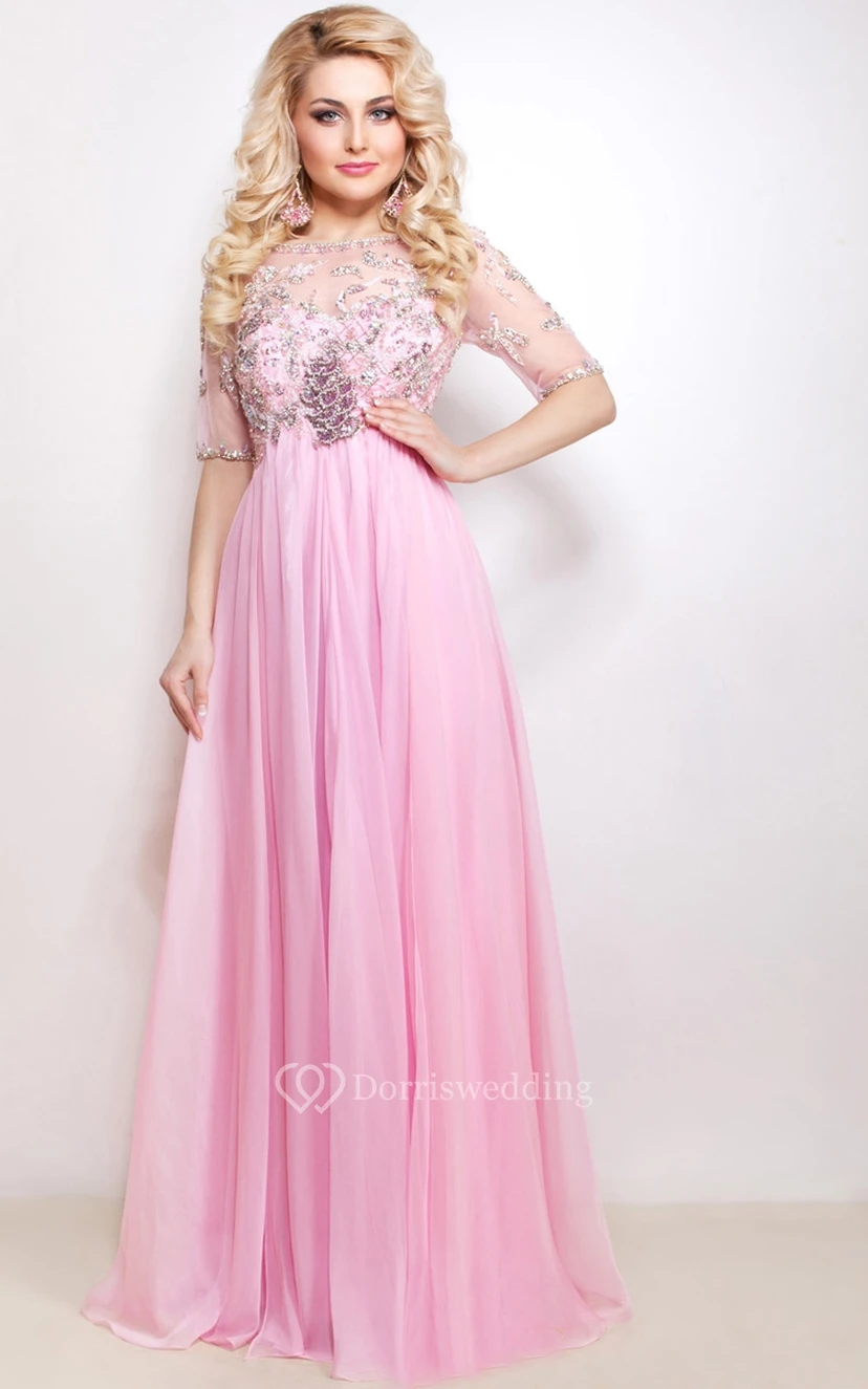 A-Line Floor-Length Sweep High-Neck Half Sleeve Empire Chiffon Beading Pleats Illusion Dress