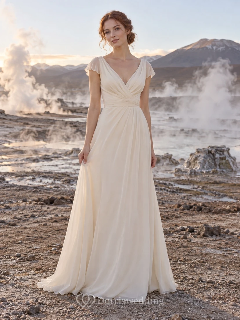 Sencillo vestido de novia color champán con corte en A, escote en V cruzado y mangas cortas transparentes.