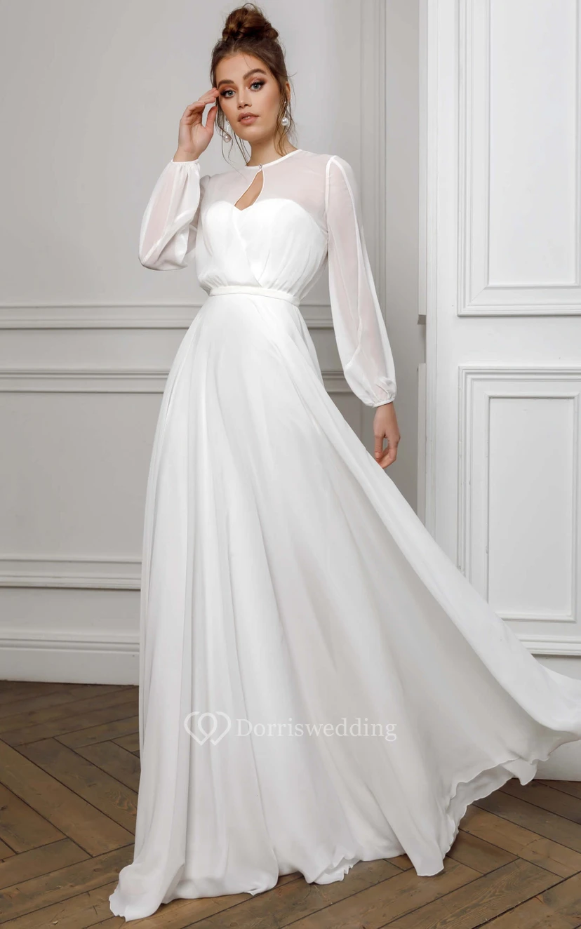 Simple Chiffon Illusion Long Sleeve Sheath Floor-length Dress