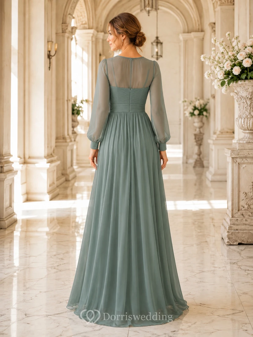 Salbeigrünes Abendkleid aus Chiffon mit Illusion-Effekt, langen Ärmeln und Falten in A-Linie view 2