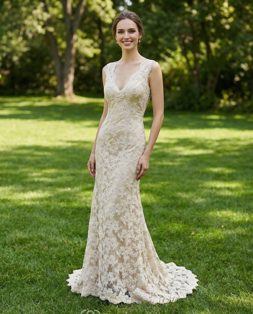 Robe de mariée sirène vintage champagne à col en V - Robe de mariée sans manches en dentelle