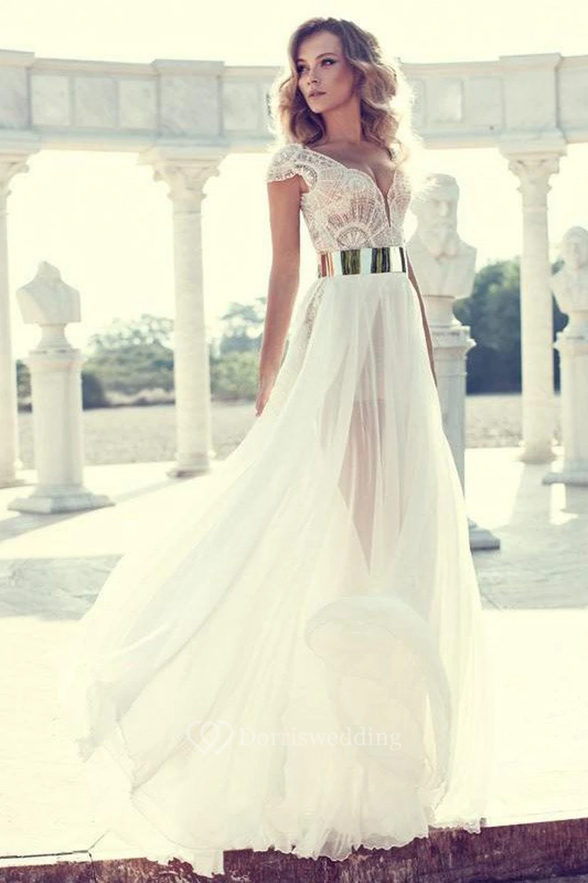A-Linien-Kleid aus Chiffon mit Spitze, V-Ausschnitt, kurzen Ärmeln und Reißverschluss view 2