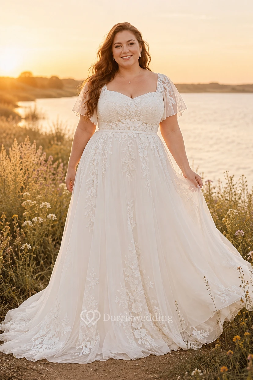 Vestido de novia de talla grande color marfil, manga corta, encaje, corte en A, falda de tul.