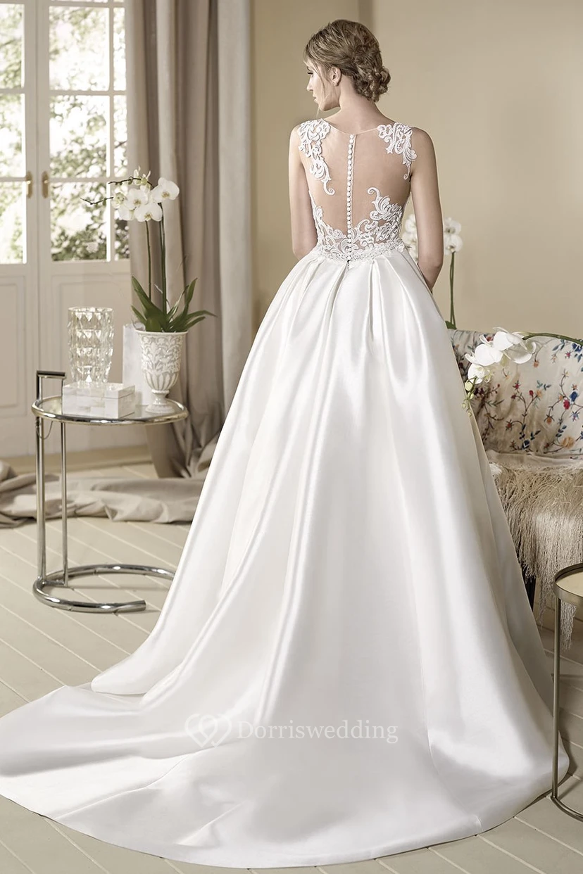 Ball Gown Floor-Length Appliqued V-Neck Sleeveless Satin Wedding Dress view 2