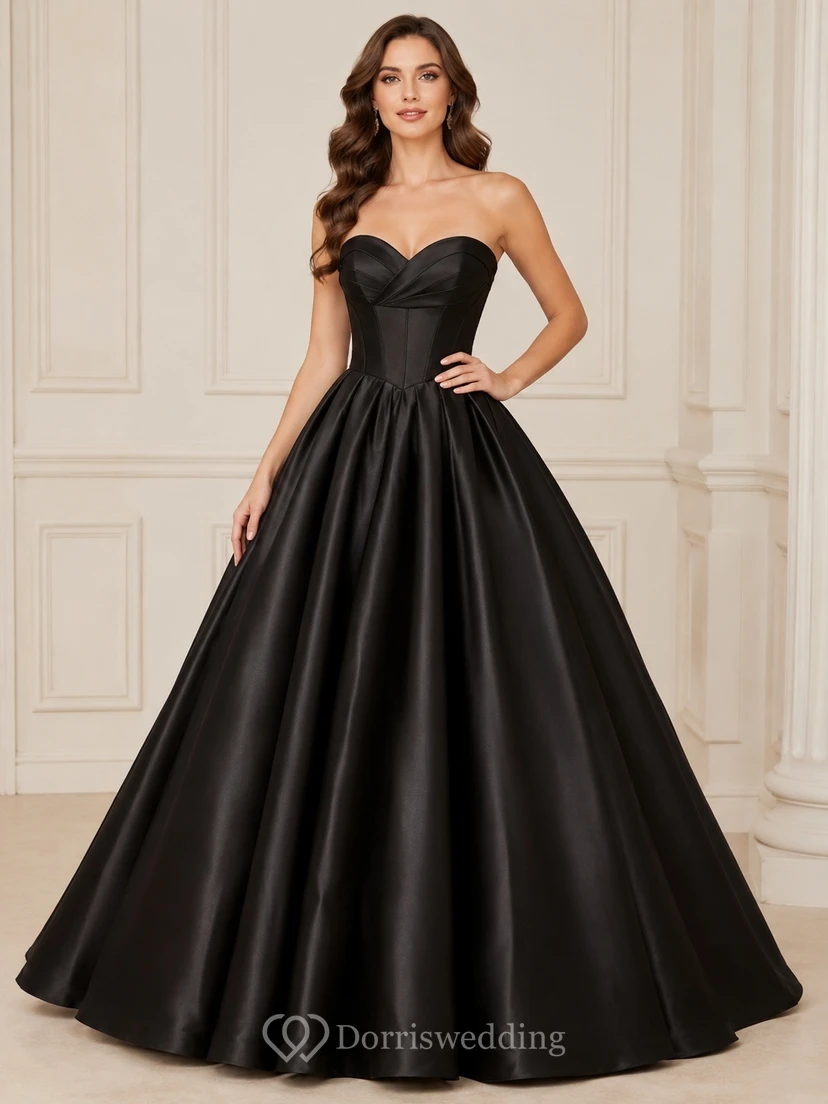 Black Sweetheart Satin Ball Gown Corset Back Floor Length Formal Prom Dress
