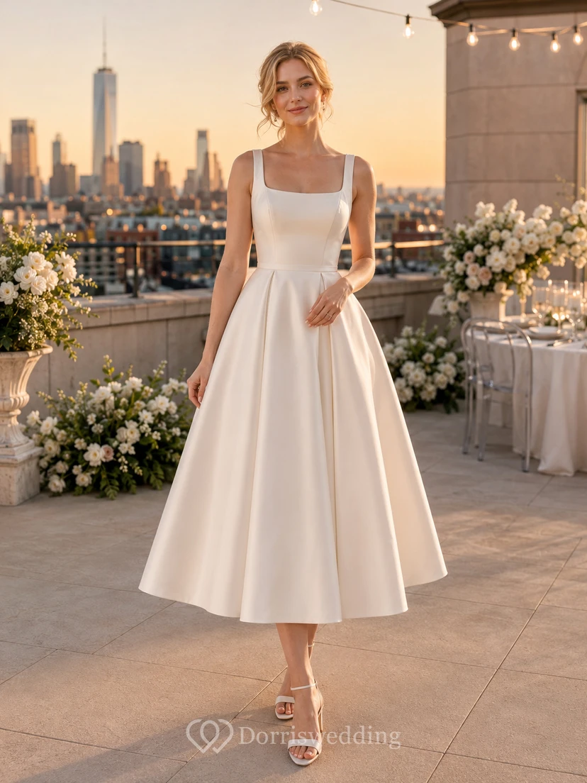 Vestido de novia midi de satén con escote cuadrado y espalda ladeada, ideal para salir a la azotea.
