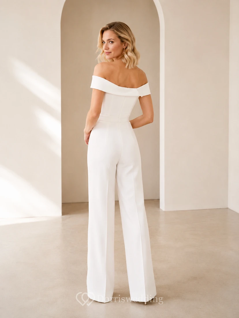 Elegant Bridal Jumpsuit Off Shoulder Short Sleeve Wide Leg Civil Wedding Outfit view 2