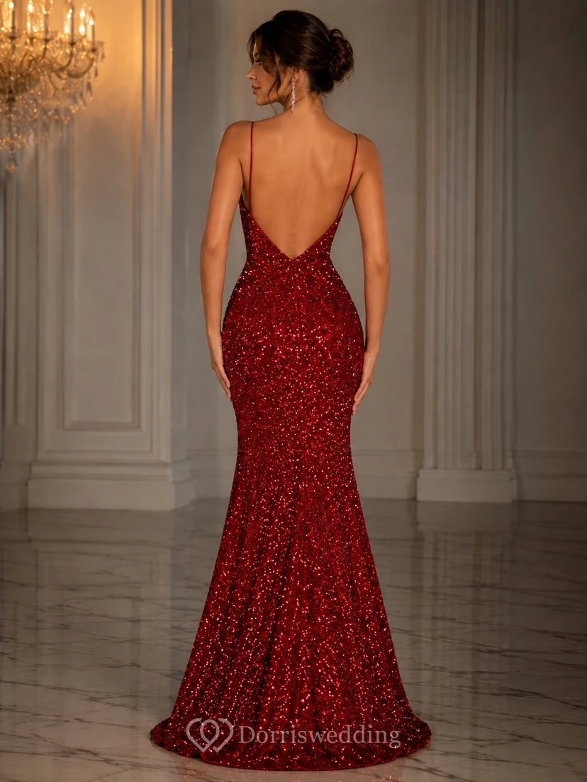 Meerjungfrauen-Pailletten-Abendkleid mit V-Ausschnitt, ärmellos und bodenlang view 2