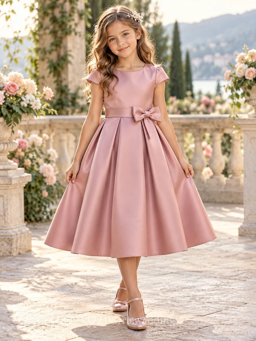 Dusty Rose Cap Sleeve Bow Waist Pleated Tea-length Flower Girl Dress