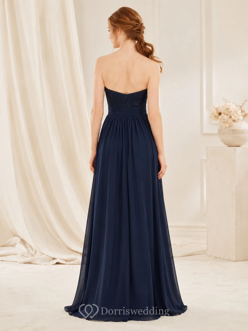 Navy strapless lace bodice chiffon floor length A-line dress view 2
