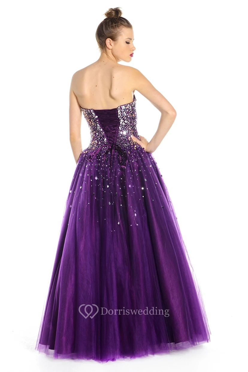 A-Line Sleeveless Beaded Strapless Floor-Length Tulle Prom Dress With Lace-Up Back view 2