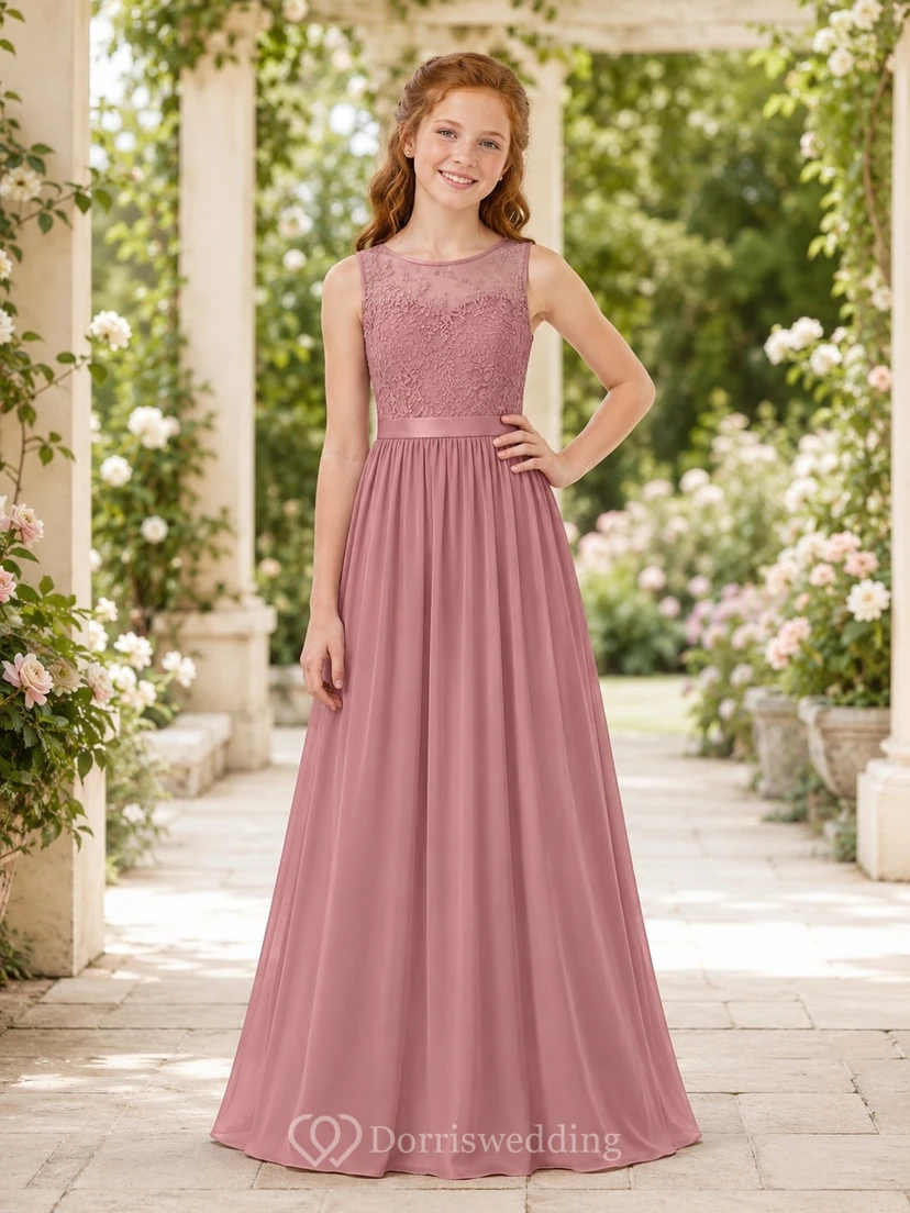 Brautjungfernkleid in Altrosa, A-Linie, ärmellos, aus Spitze und Tüll, bezaubernd und romantisch