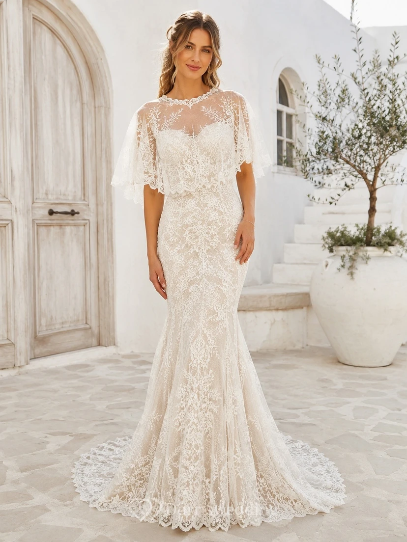 Modest High Neck Sheath Bridal Refined Wedding Dress Lace