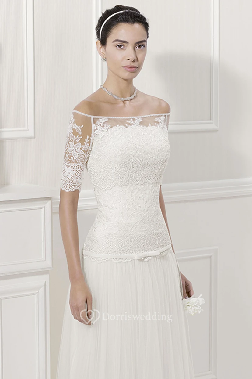 Scalloped Neck Lace Top Tulle Bridal Gown With Off-Shoulder Half Sleeves view 3