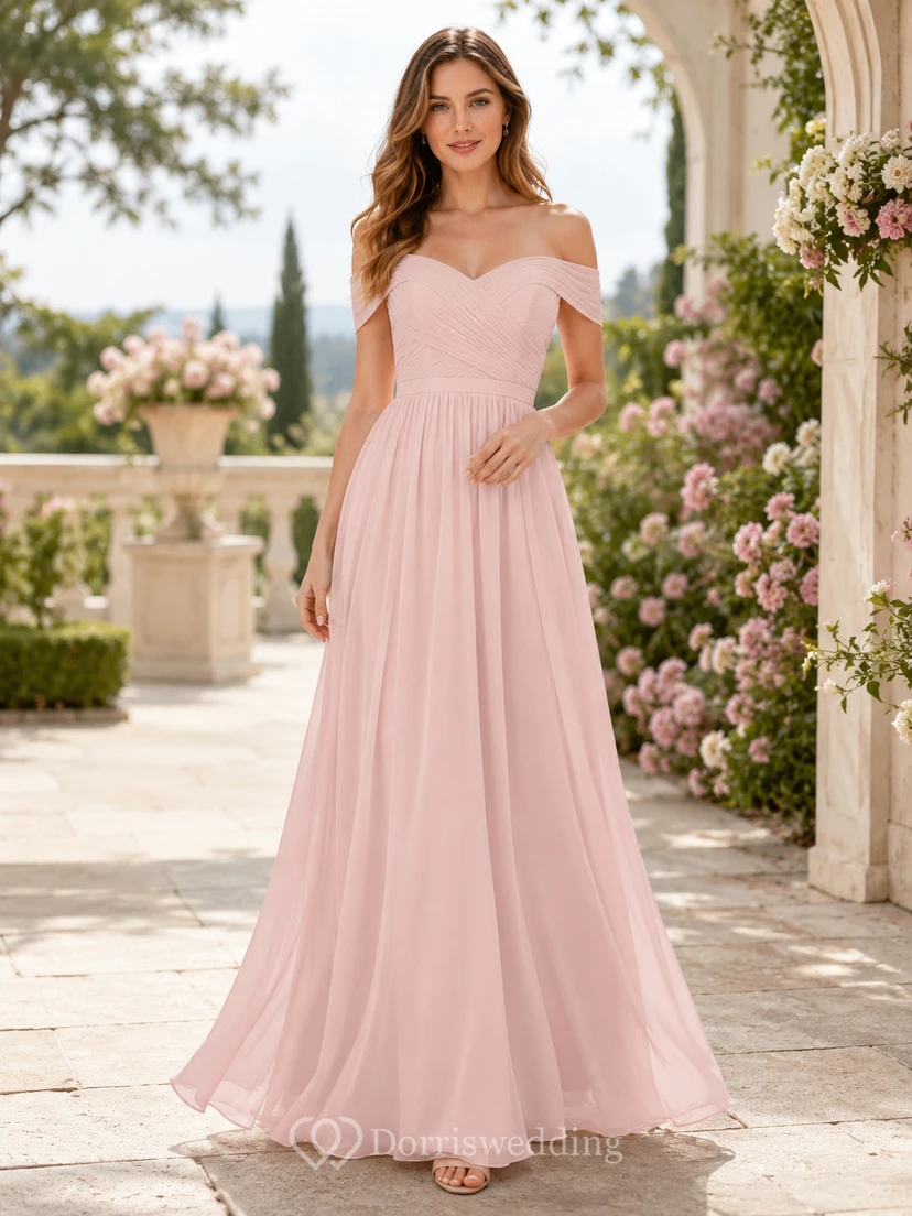 Vestido de dama de honor romántico de gasa color rosa empolvado, corte A, largo hasta el suelo y con hombros descubiertos