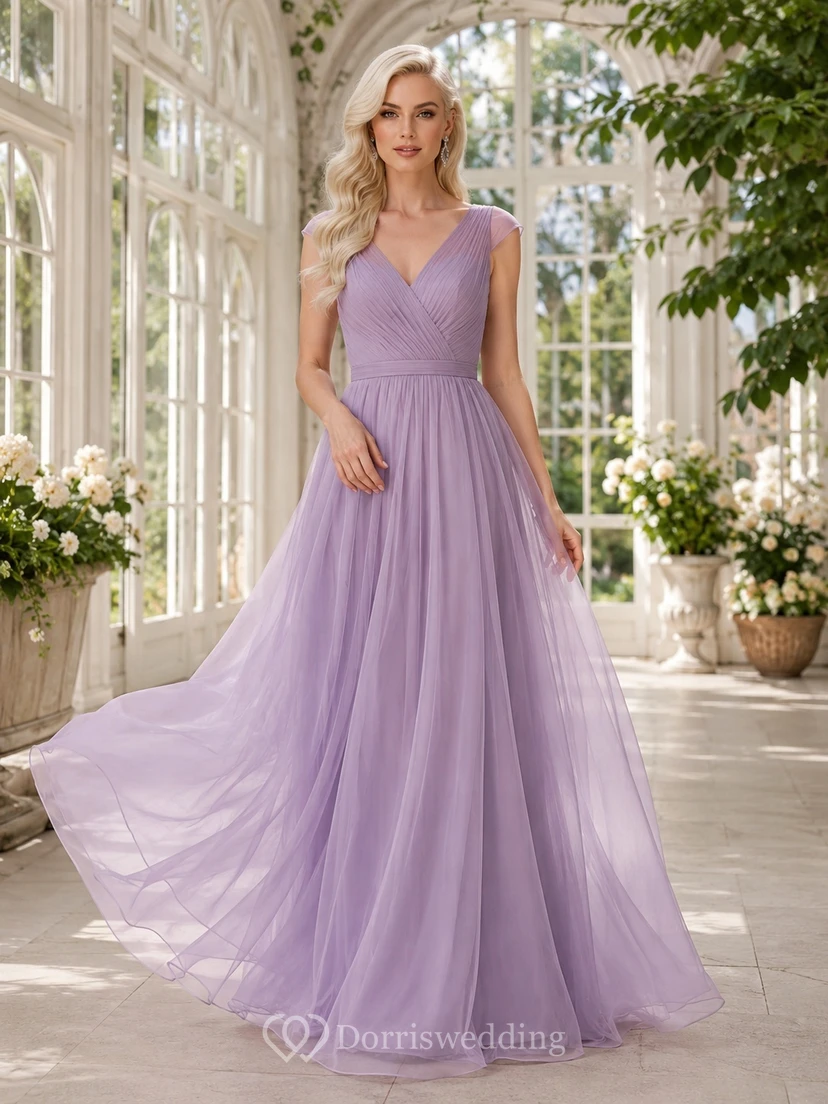 Lavender Chiffon V-neck Pleated A-line Floor-length Evening Dress with Sweep