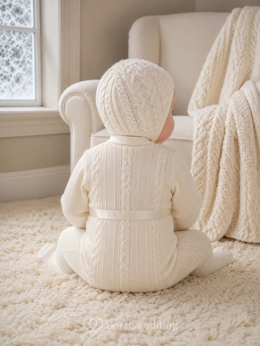 Vintage cremefarbener Langarm-Strickpullover mit Haube und Abnähern zur Taufe view 2