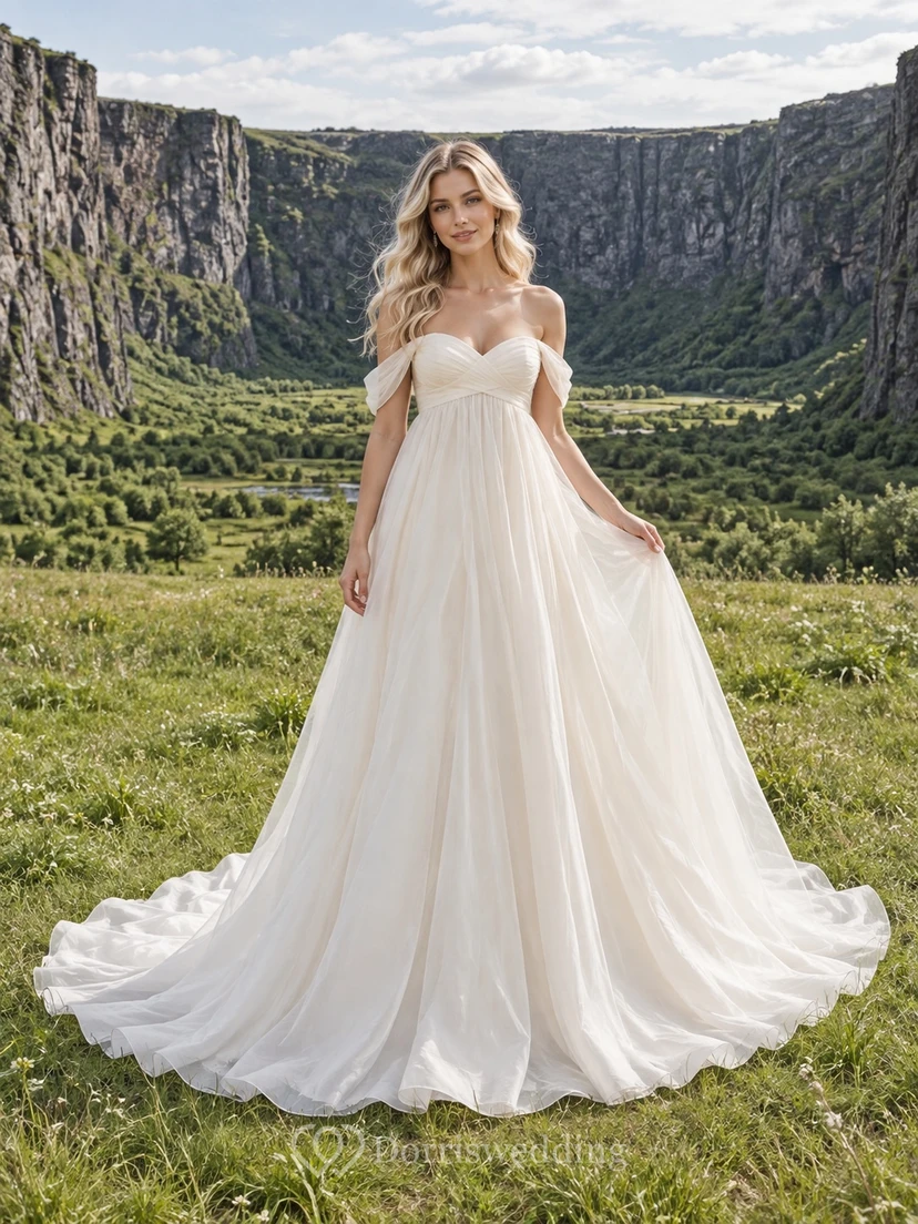 Schlichtes Empire-Brautkleid aus Organza mit schulterfreiem Ausschnitt, Herzausschnitt und kurzer Schleppe