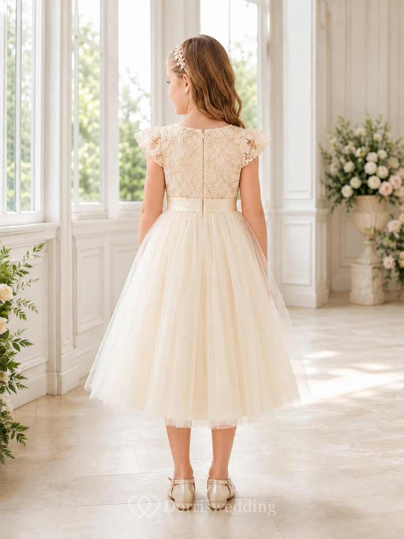 Flower Girl Dress Champagne Lace Tulle A-Line Short Sleeve Jewel Neck Tea Length view 2