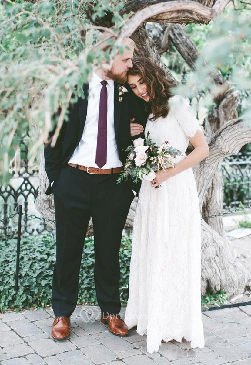 Vestido de novia bohemio de encaje, largo hasta el suelo, con mangas cortas y corte en A, con cremallera en la espalda.