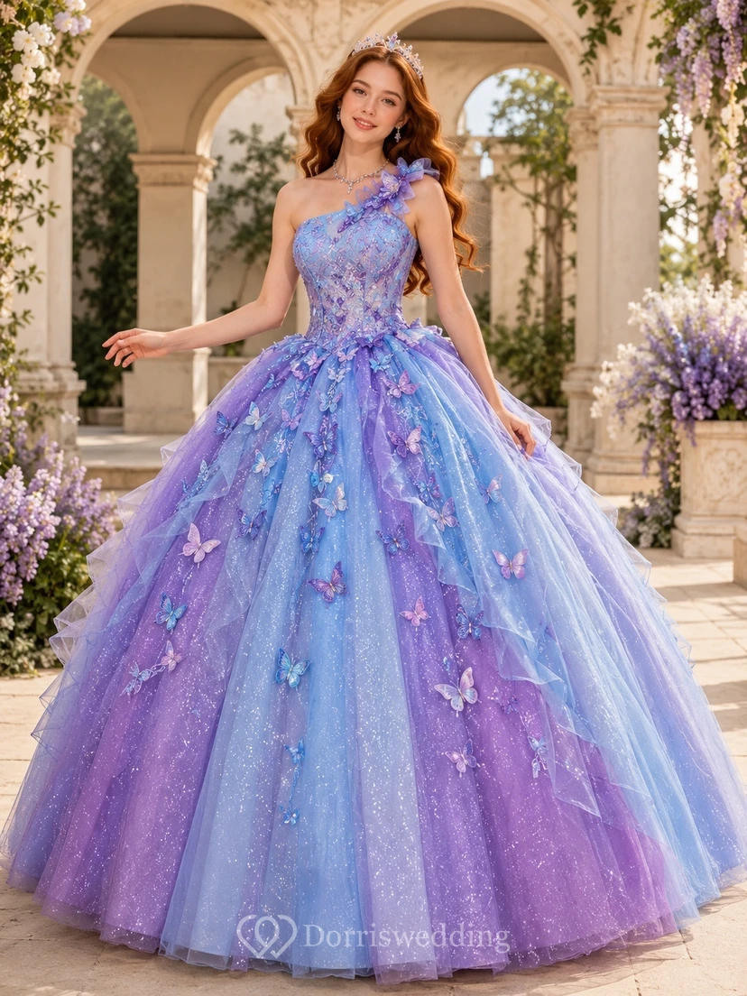 Lavendelblaues, appliziertes Tüll-Ballkleid mit Herzausschnitt, Quinceañera-Abendkleid