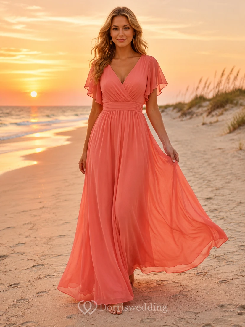 Hochzeitsgastkleid „Coral Sunset Beach“ aus Chiffon, A-Linie, V-Ausschnitt, kurze Ärmel, bodenlang, Seitenschlitz